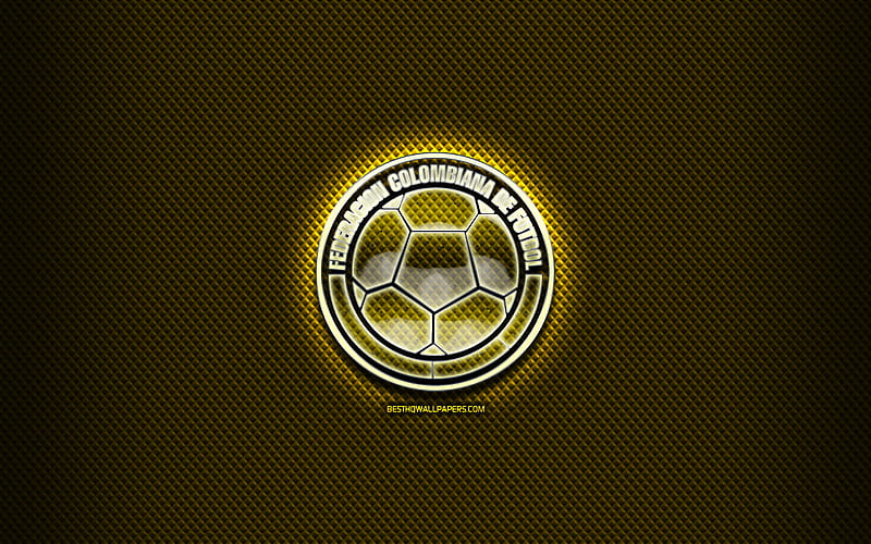 Colombian football team, glass logo, South America, Conmebol, yellow grunge background, Colombia National Football Team, soccer, FCF logo, football, Colombia, HD wallpaper