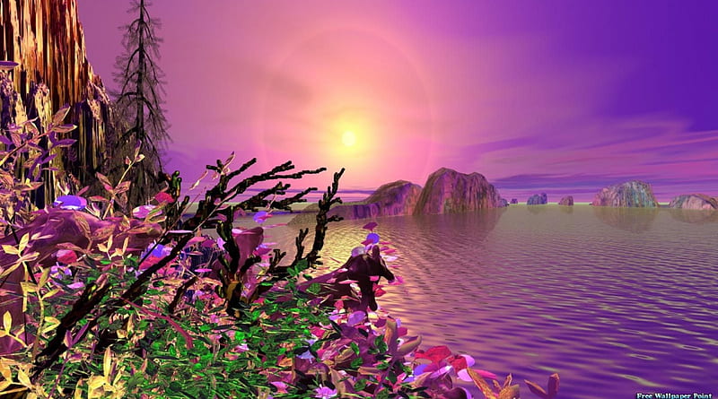 purple hue, calm, water, 3D, purple, sunset, HD wallpaper
