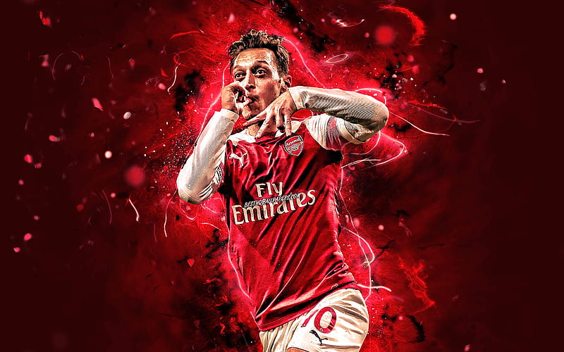 Mesut Ozil, personal celebration, Arsenal FC, goal, german footballers, soccer, Ozil, Premier League, football stars, England, The Gunners, neon lights, HD wallpaper