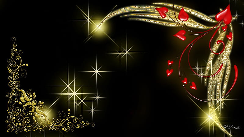 Elegant Valentine, red hearts, gold, sophisticated, romantic, black, shine, elegant, sparkles, HD wallpaper