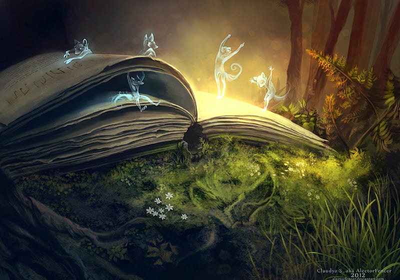 Story Time, grass, book, attractions in dreams, digital art, spirits, fantasy, paintings, heaven, fairies, drawings, light, colors, love four seasons, creative pre-made, cool, plants, wolves, HD wallpaper