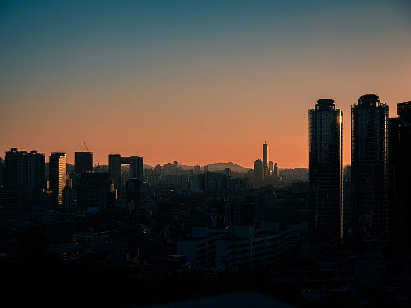 skyscrapers, buildings, city, sunset, dusk, HD wallpaper