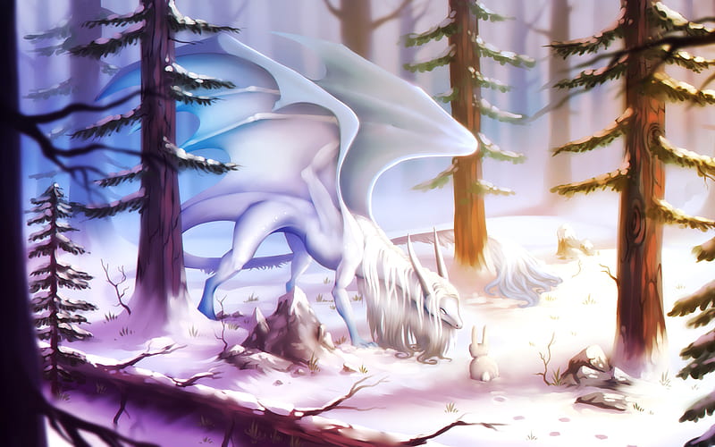 white dragon, winter, fantastic forest, small dragon, dragons, artwork, HD wallpaper