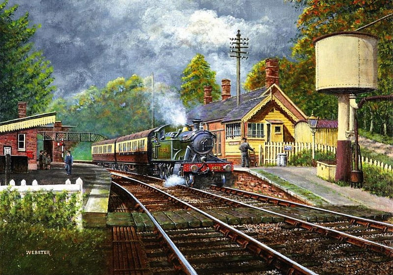 Train Station, painting, railway, locomotive, steam, HD wallpaper