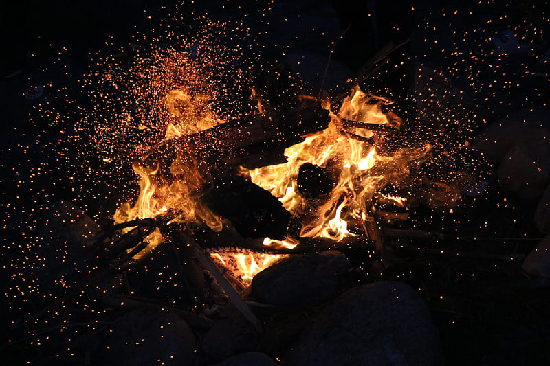 bonfire, fire, sparks, dark, flame, HD wallpaper