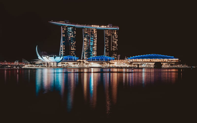 Singapore at night panorama, nightscapes, Marina Bay Sands, skyscrapers, Singapore, modern buildings, Marina Bay, Asia, Singapore, HD wallpaper