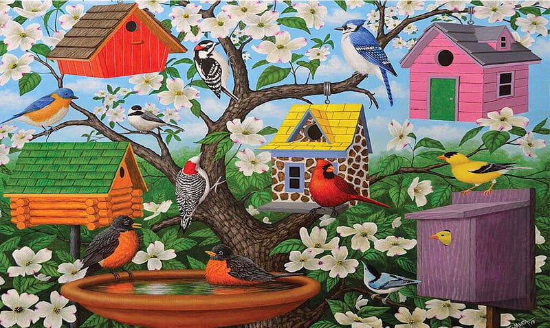 Bird Houses and Birds, Birds, colorful, bird houses, Birdbath, summer, Painting, Spring, HD wallpaper