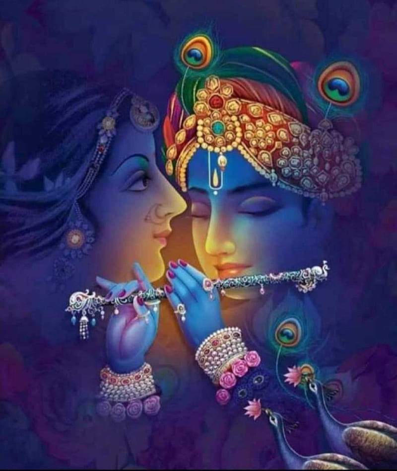 Download Krishna Desktop And Radha In Blue Depiction Wallpaper | Wallpapers .com