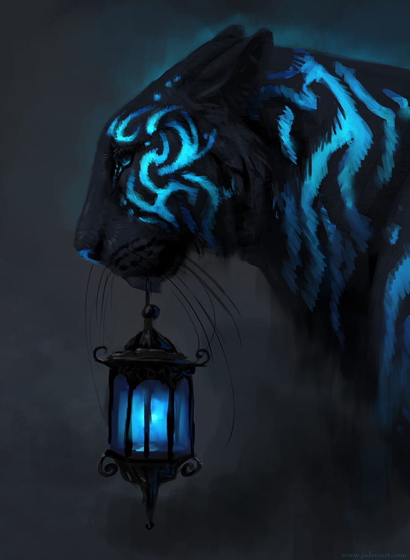 concept art, tiger, Jade Mere, animals, neon, lantern, cyan, blue, artwork, HD phone wallpaper