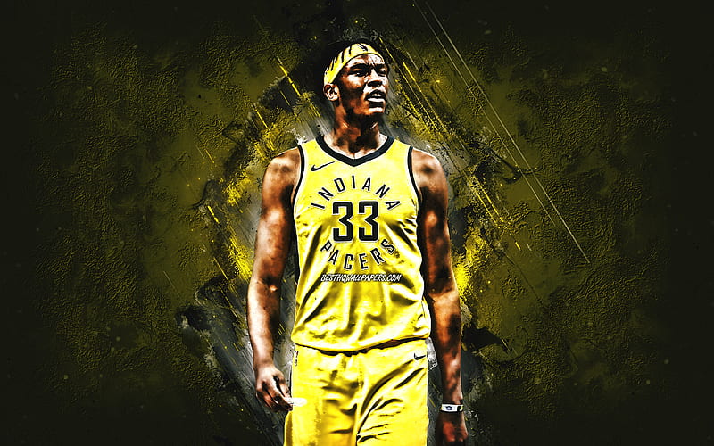 Myles Turner, Indiana Pacers, portrait, American basketball player, NBA, USA, basketball, yellow stone background, HD wallpaper