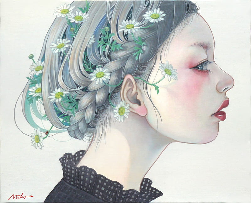 Girl, art, luminos, draw, fantasy, green, flower, chalk, portrait, mihohirano, daisy, HD wallpaper