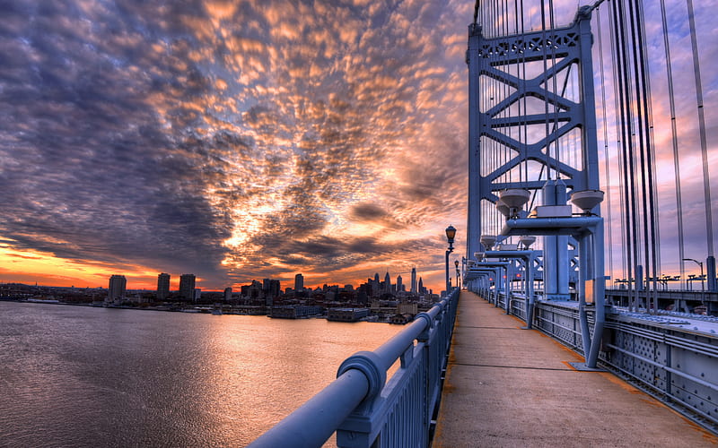 Philadelphia, view from the bridge, Comcast Center, US Steel Tower, Three Logan Square, modern city, skyscrapers, cityscape, evening, sunset, american city, Pennsylvania, USA, HD wallpaper