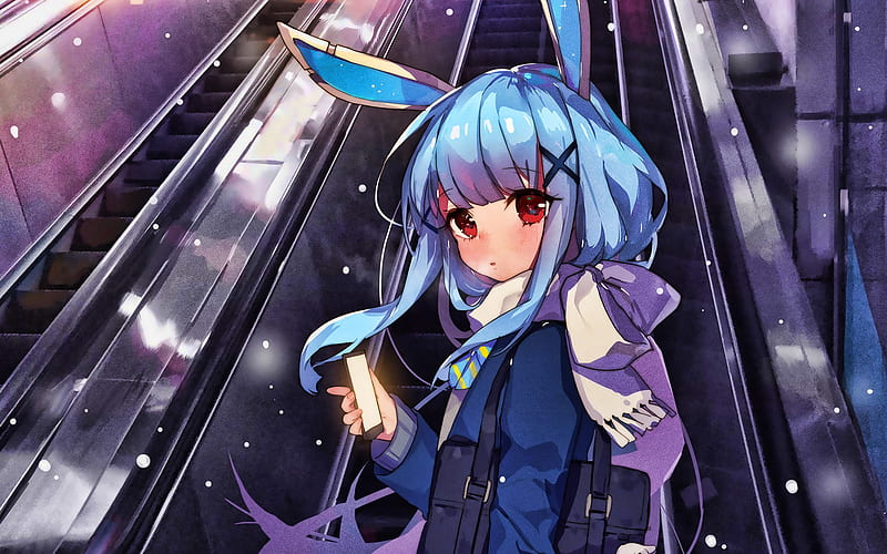 Escalator, manga, Acidear, artwork, girl with blue hair, Acidear characters, HD wallpaper