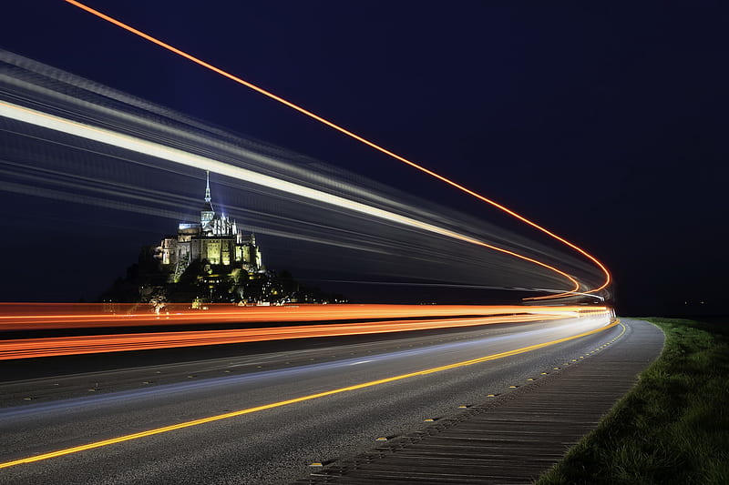 Religious, Mont Saint-Michel, France, Light, Monastery, Night, Road, Time-Lapse, HD wallpaper