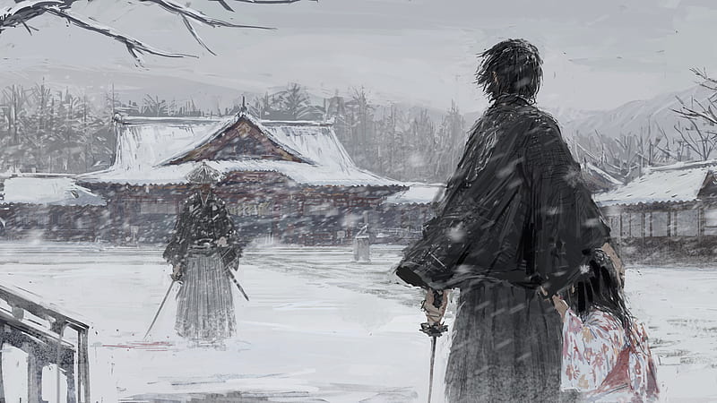 samurai, snow, winter, traditional building, katana, battle, mood, Fantasy, HD wallpaper