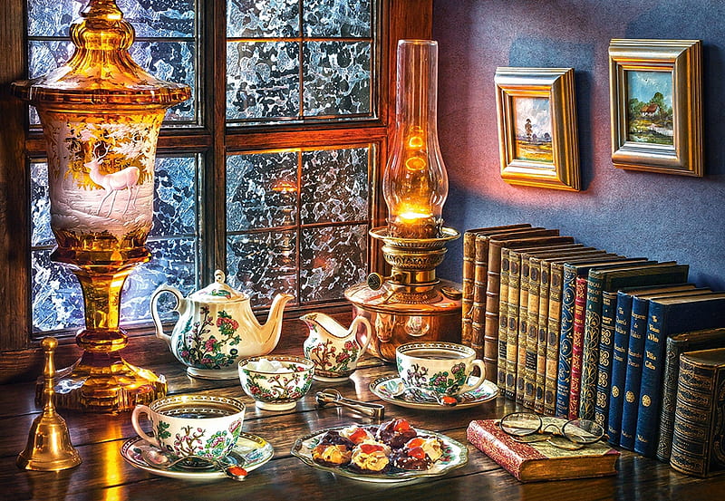 Afternoon Tea, books, window, still life, ice winter, lamp, painting, porcelain, HD wallpaper