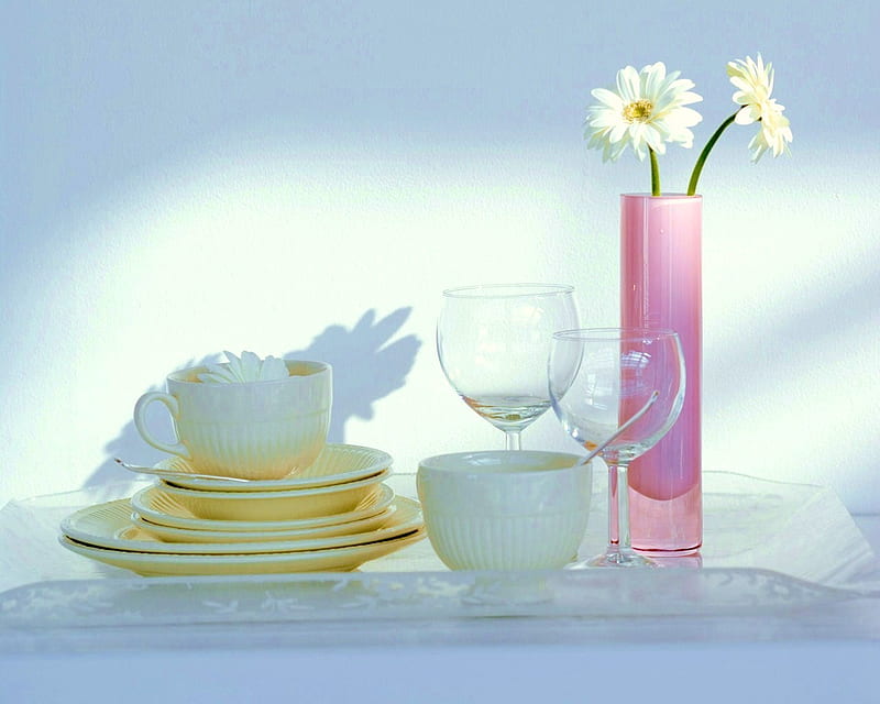 Setting for two, daisies, dishes, vase, white, pink, HD wallpaper
