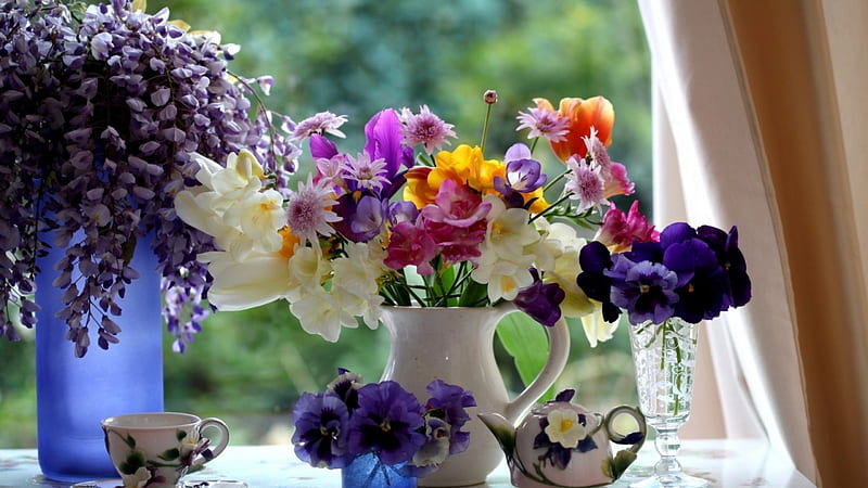 Spring in Vase, vase, flowers, window, wind, HD wallpaper
