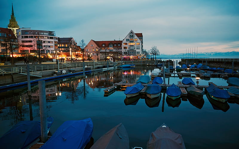 Friedrichshafen, Bodensee, evening, sunset, bay, boats, Lake Constance, Baden-Wurttemberg, Germany, HD wallpaper