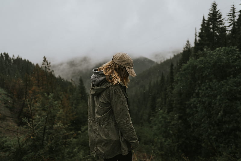 person, silhouette, mountains, forest, rain, HD wallpaper