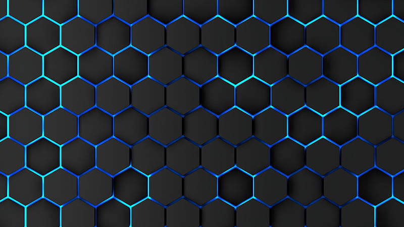 Abstract, blue, joshua golde, luminos, honeycombs, black, HD wallpaper