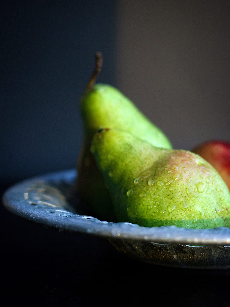 pears, fruit, drops, plate, macro, HD phone wallpaper