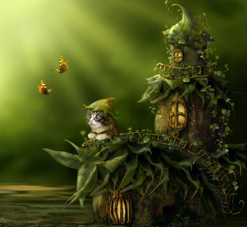 Fairy kitten, house, avi li, cat, cute, fantasy, butterfly, green, kitten, fairy, pisica, HD wallpaper