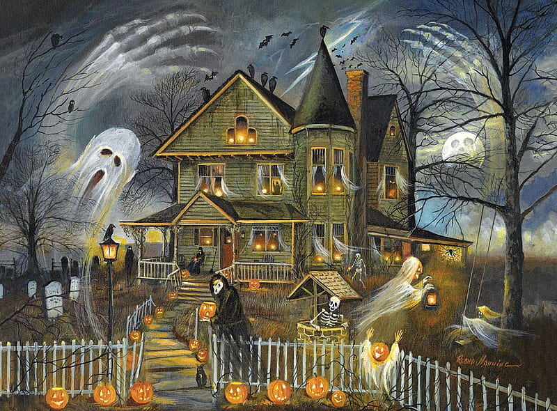 Happy Halloween, ghosts, pumpkins, art, fence, witch, house, haunted, HD wallpaper