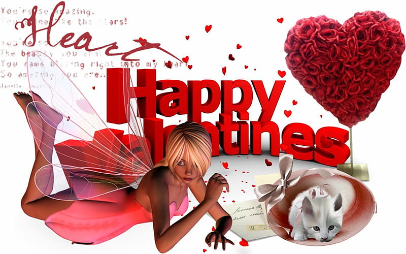 Valentine Day, red, love, heart, cat, fairy, HD wallpaper | Peakpx