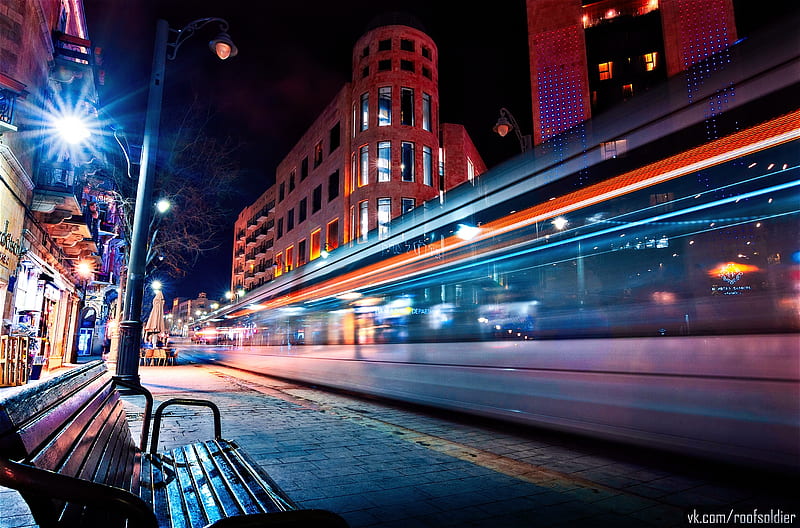 graphy, Time-lapse, Bench, City, Night, Road, HD wallpaper