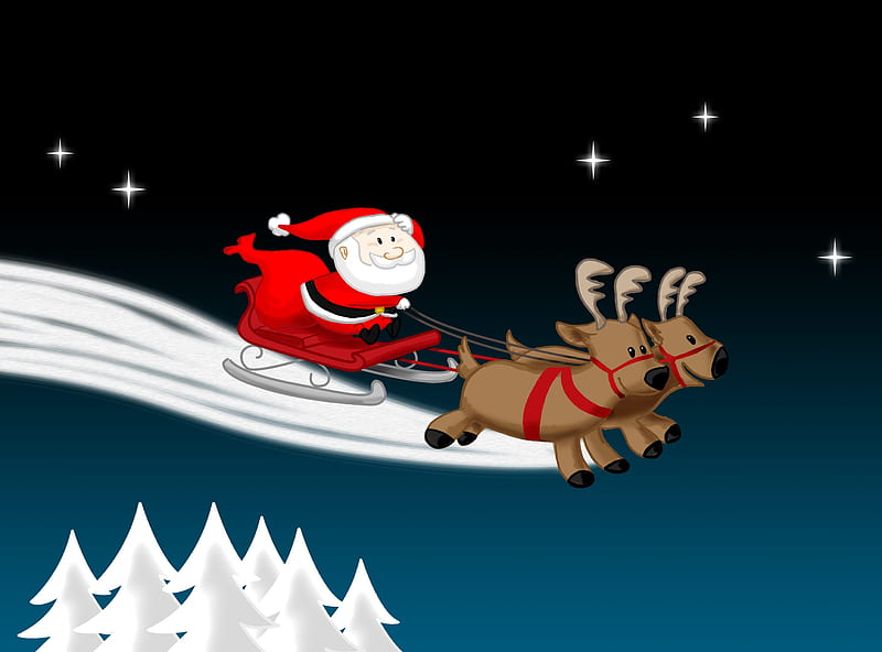 Santa on the way, Reindeers, Trees, Cartoon, Sledge, Santa, HD wallpaper |  Peakpx