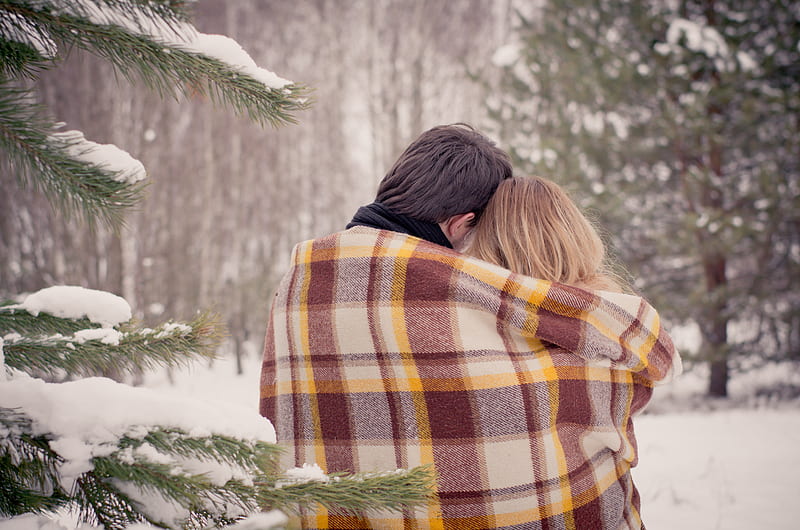 couple, hugs, plaid, love, snow, winter, HD wallpaper