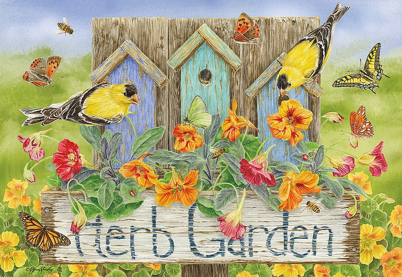 Herb Garden, herbsn puzzle, flowers, birds, houses, HD wallpaper