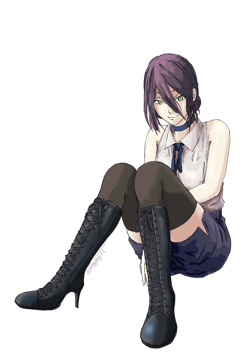 Chainsaw Man, anime, sitting, purple hair, green eyes, legs together, white background, anime girls, HD phone wallpaper