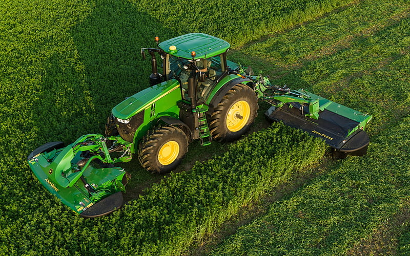 John Deere 7290 R, Agricultural tractor, top view, Grass Harvesting, modern tractors, John Deere, HD wallpaper