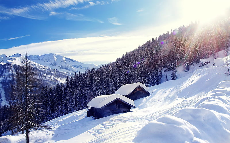 austria, houses, mountains, alps, winter, HD wallpaper