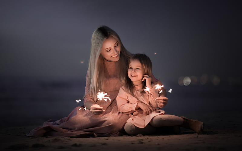 Mother and Daughter, daughter, mother, lights, people, HD wallpaper