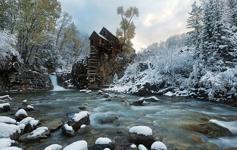 old Mill on river bed, water, nature, river, sky, winter, HD wallpaper