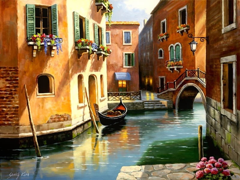 Venetian canal, art, canal, Italy, town, bonito, venetian, Venice, painting, gondola, HD wallpaper