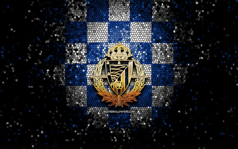 Real Sociedad FC, glitter logo, La Liga, blue white checkered background, soccer, Real Sociedad, spanish football club, Real Sociedad logo, mosaic art, football, LaLiga, Spain, HD wallpaper