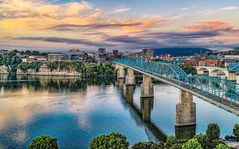 Chattanooga, Walnut Street Bridge, Tennessee River, evening, sunset, cityscape, downtown, North Chattanooga, Tennessee, Chattanooga skyline, USA, Market Street Bridge, HD wallpaper
