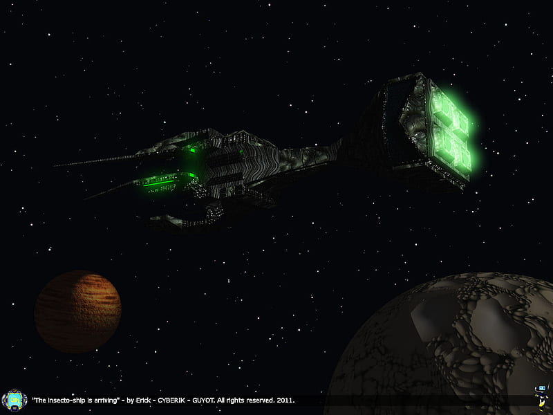 the insecto ship is arriving, stars, green lights, moon, planet, black ship, HD wallpaper