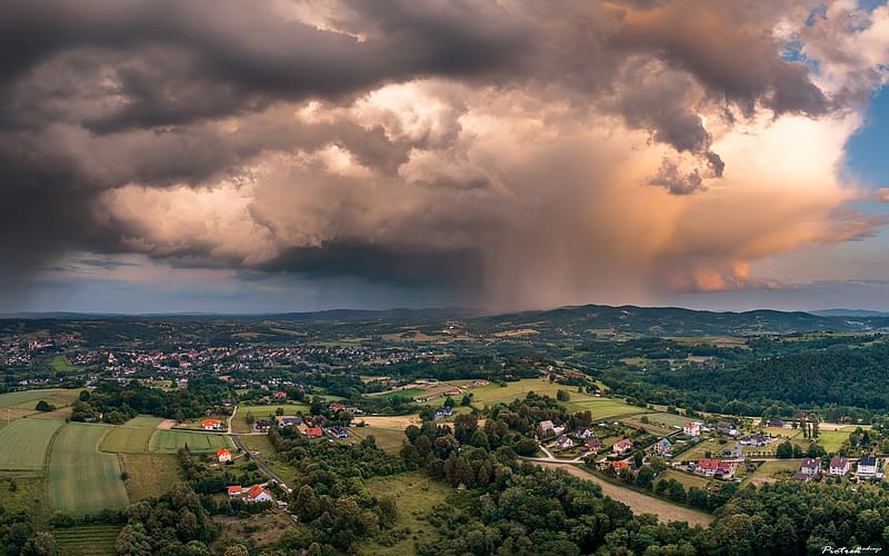 Storm Clouds over Poland, clouds, Poland, village, storm, panorama, HD wallpaper