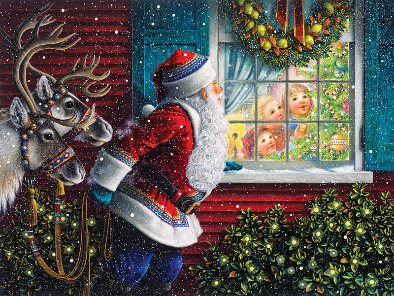 Santa, art, window, craciun, christmas, rudolf, painting, reindeer, pictura, HD wallpaper