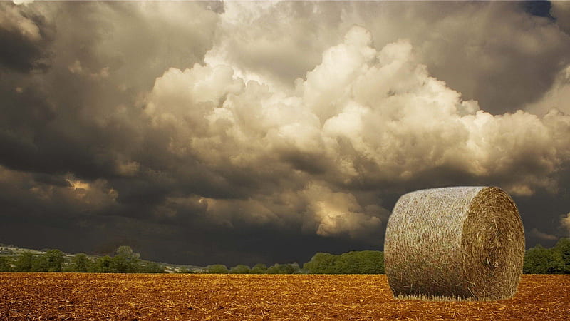 beautiful storm clouds over a field of hay bales, bales, clouds, sky, storm, field, HD wallpaper