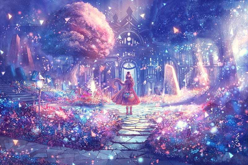 Midnight garden, bou nin, luminos, manga, tree, girl, anime, flower, garden, pink, blue, night, HD wallpaper