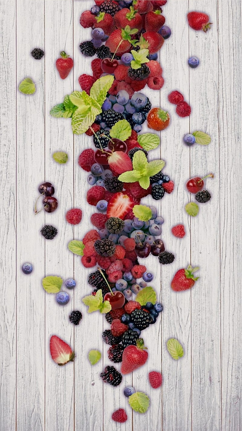 Fruits, food, mint, wood, strawberry, cherry, blackberry, HD phone wallpaper