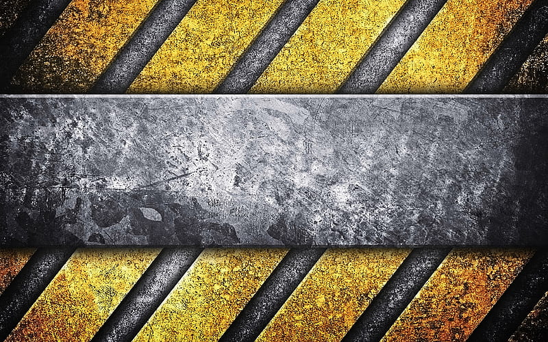 metallic steel, caution strips, grunge, metal plate, yellow lines, warning tapes, HD wallpaper