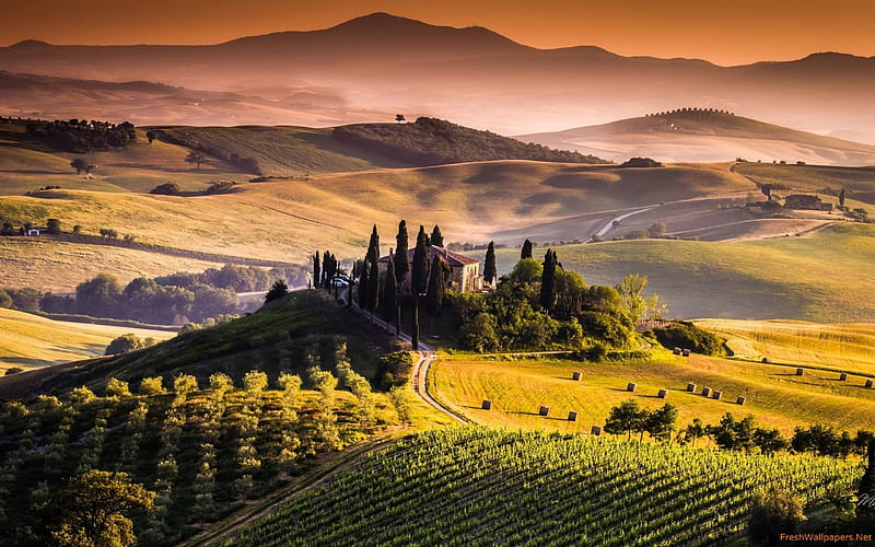 Tuscany Sunset, hills, sunrise, trees, mist, italy, HD wallpaper