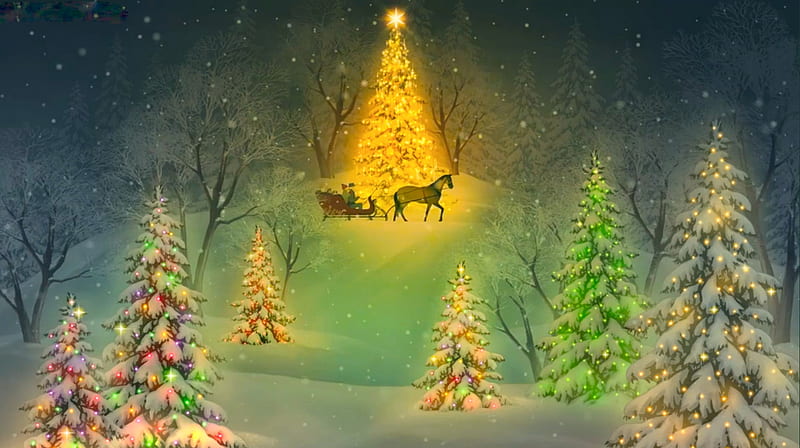Christmas spirit, merry christmas, colors, bonito, trees, winter, light, christmas tree, horse, tree, night, HD wallpaper